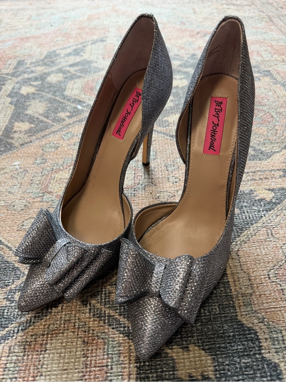 Betsey Johnson Silver Glitter Bow Pointed Toe Stiletto Heels